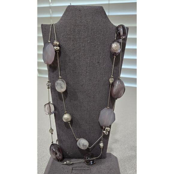 Silver Gray Clear Stones & Beads Double Strand Necklace 21" - Picture 1 of 4